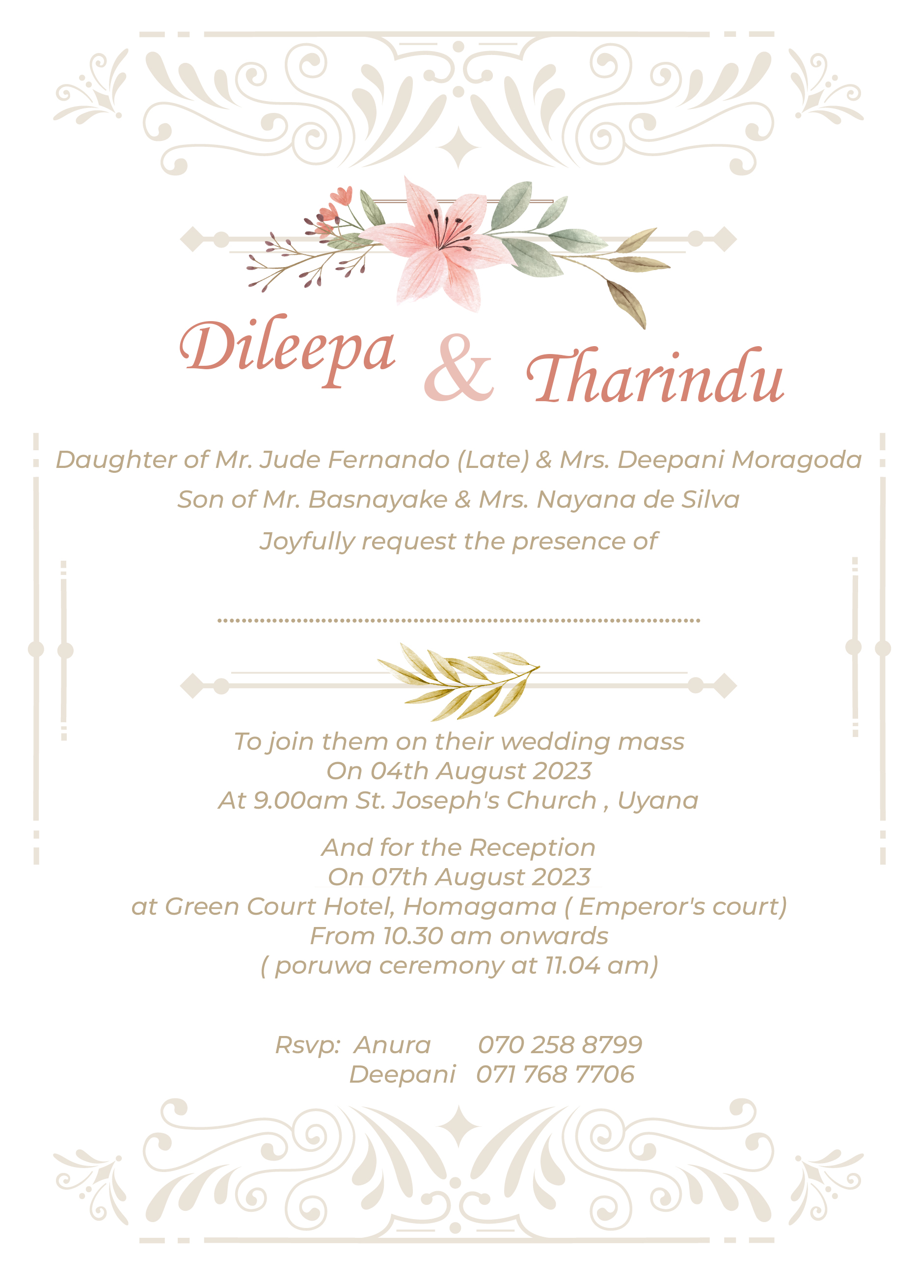 Wedding invitation card of Dileepa and Tharindu